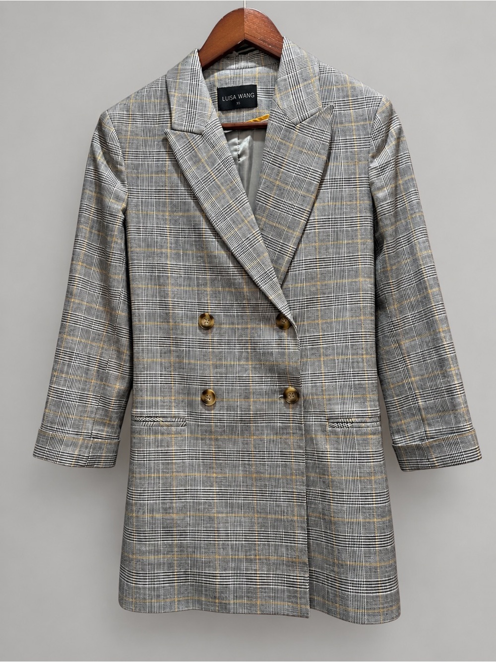 Women's Double-Breasted Gray Plaid Blazer Coat